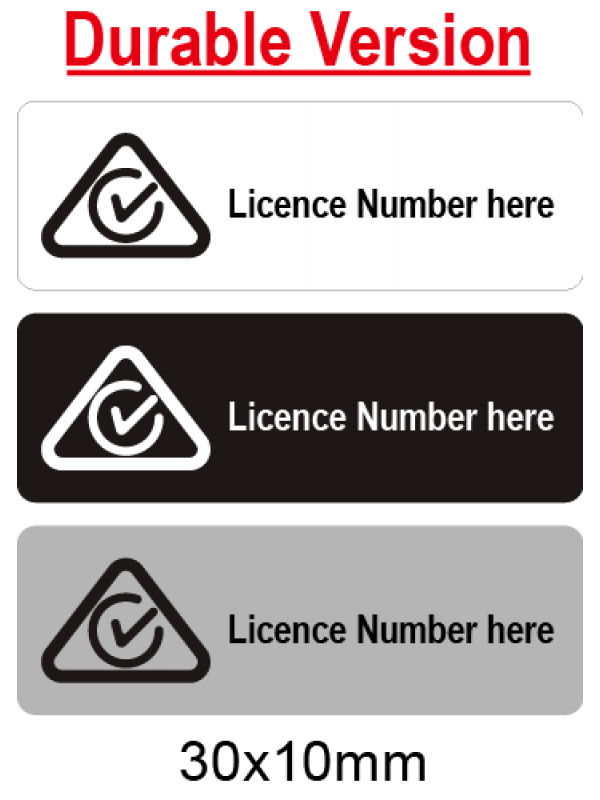Custom RCM Labels with Licence Number 30x10mm